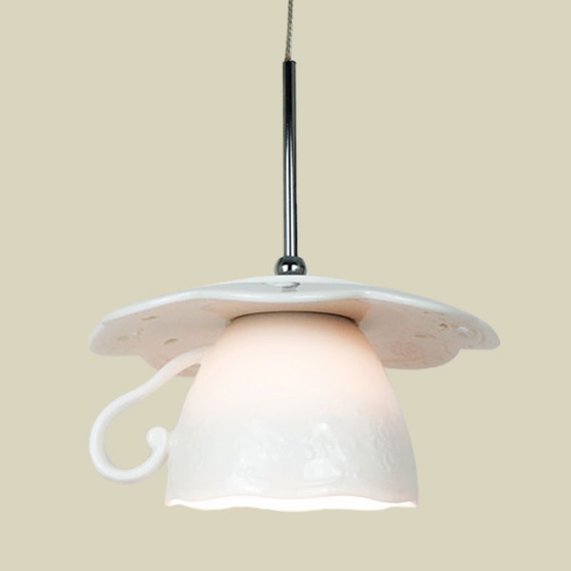 1-Light Restaurant Suspension Light Nordic White LED Ceiling Hang Fixture with Coffee Cup Ceramics Shade