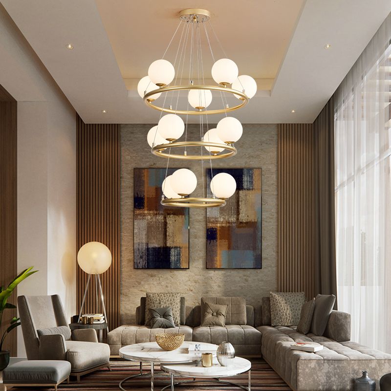 Circular Metal Pendant Chandelier Postmodern Suspension Light Fixture with Ball Glass Shade