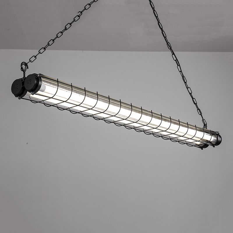 Black Metal Island Light Fixture Industrial Cylinder LED Hanging Lamp with Glass Shade