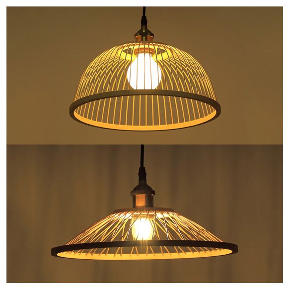 Asian Stylish Dome/Saucer Pendant Hanging Lamp Bamboo 1 Head Ceiling Light in Beige for Dining Room