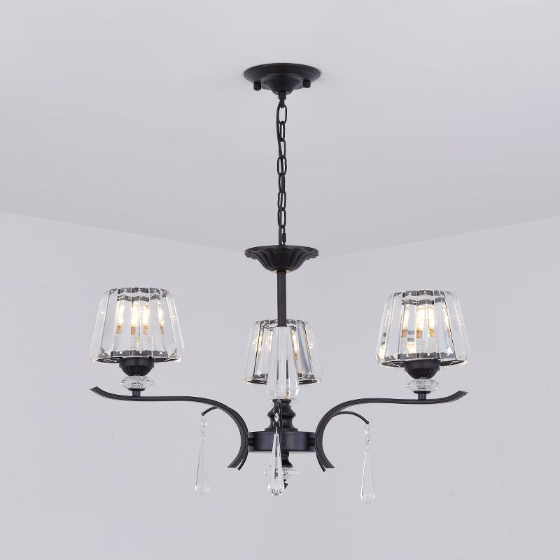 Beveled Crystal Conical Chandelier Simple 3 Lights Ceiling Suspension Lamp with Droplet in Black