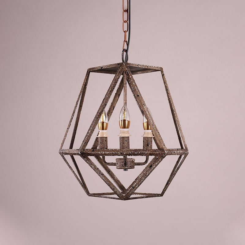 Rust Geometric Pendant Lighting Classic Metal 3 Lights Dining Room Chandelier with Candle Shade