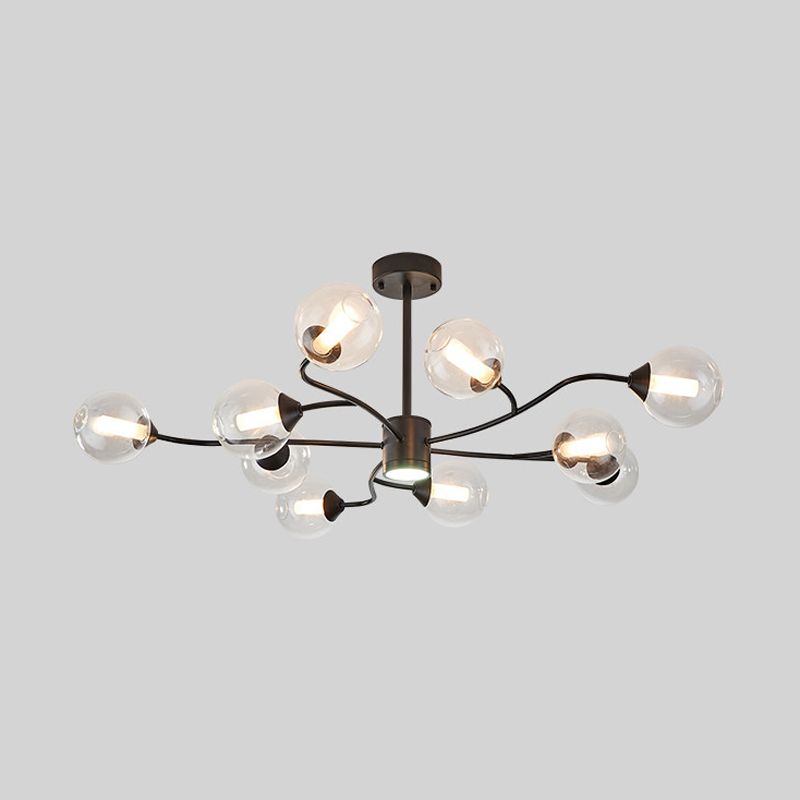 10 Heads Living Room Chandelier Lamp Modern Black Pendant Light Fixture with Orb Clear Glass Shade