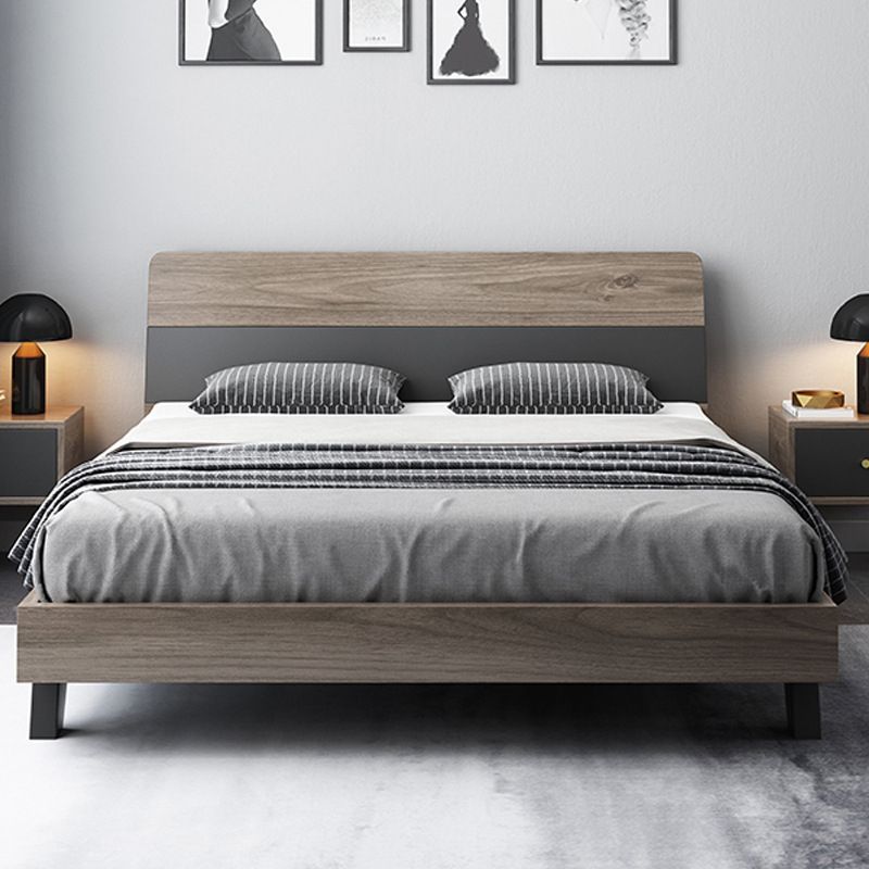 Mid-Century Modern Wood Bed with Headboard and 4 Legs in Grey
