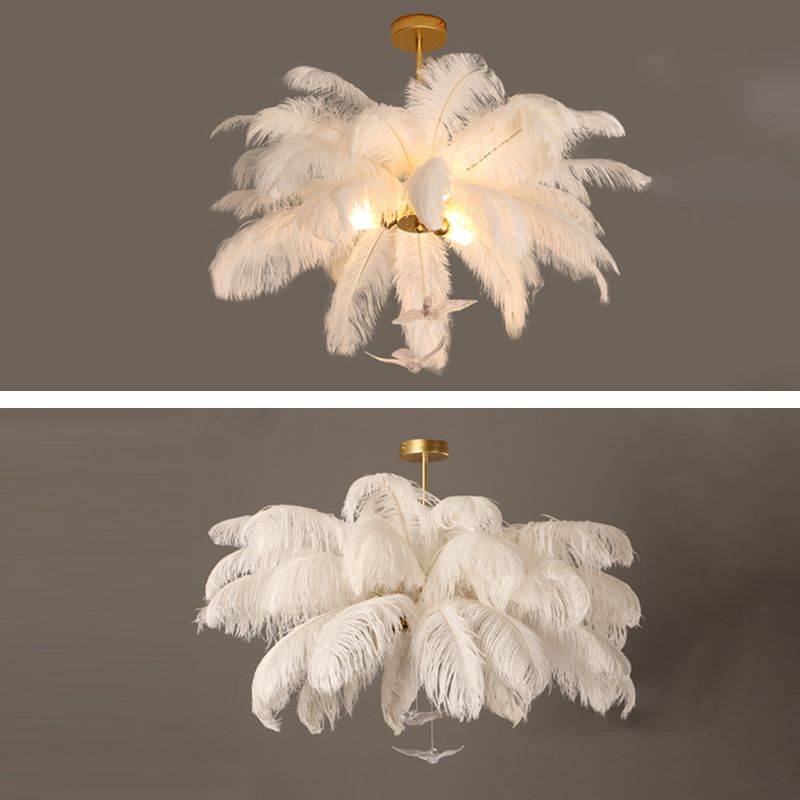 Shaded Ceiling Chandelier Simplistic Feather White Chandelier Light Fixture for Living Room
