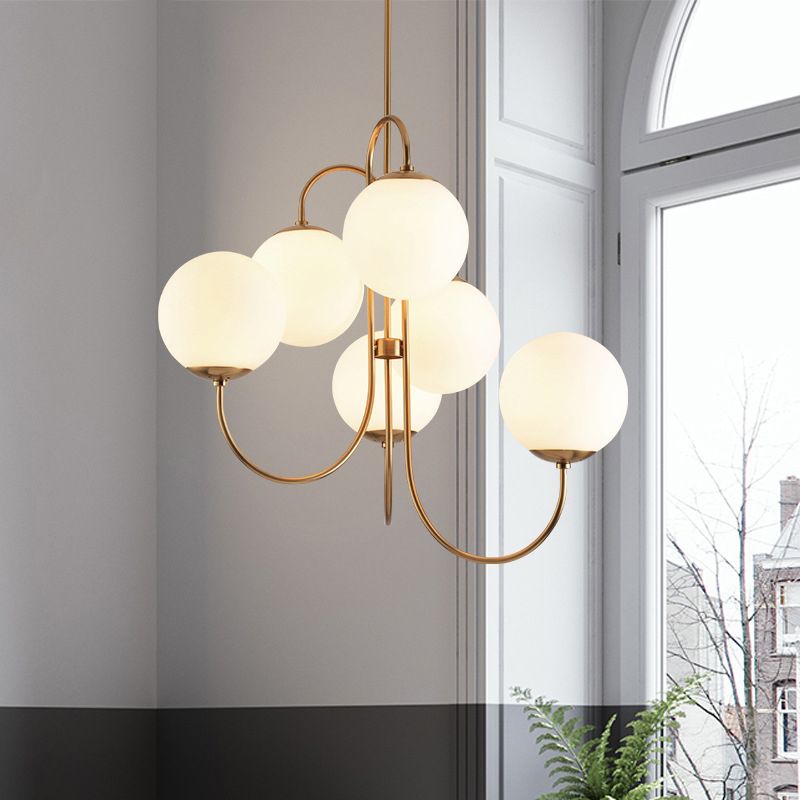 Modern 6 Heads Hanging Chandelier Gold Round Ceiling Pendant Light with White Glass Shade