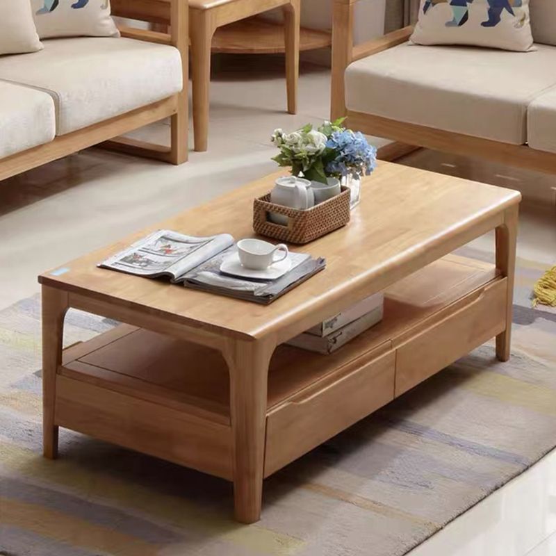 Rectangular 4 Legs Base with Drawers Solid Wood Table Nordic Style Coffee Table