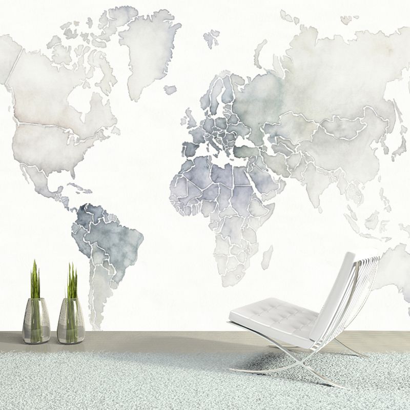 Pewter Minimalist Mural Full Size World Map Wall Covering for Accent Wall