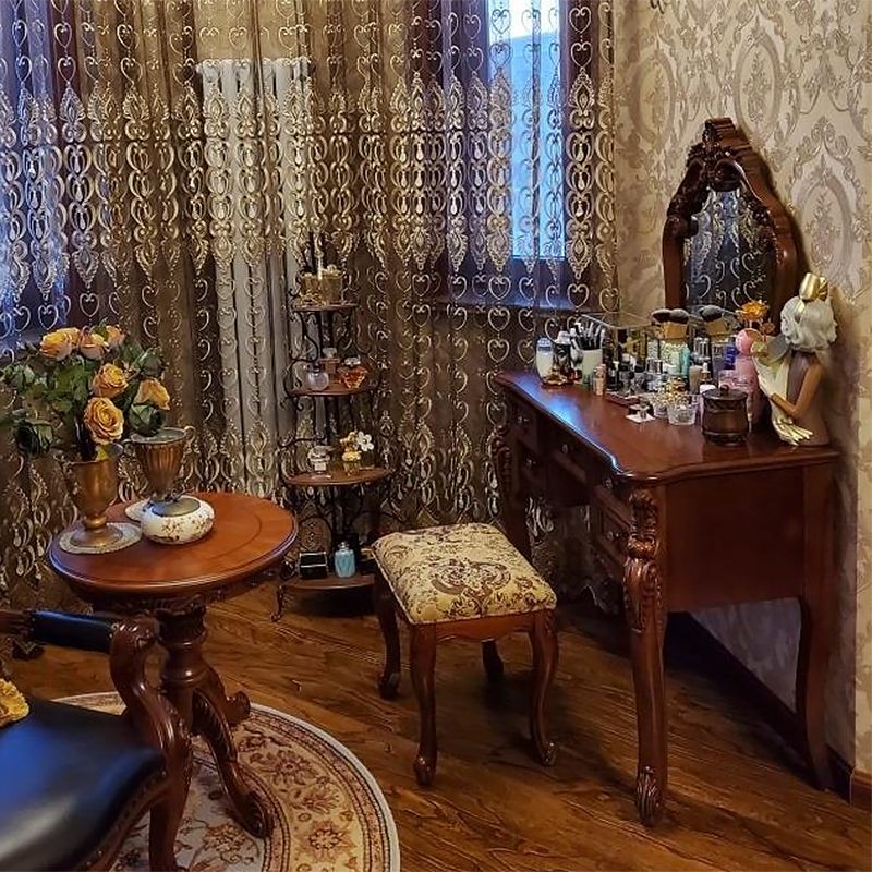 5-Drawer Solid Wood Vanity Makeup Dressing Table with Mirror & Stool in Brown