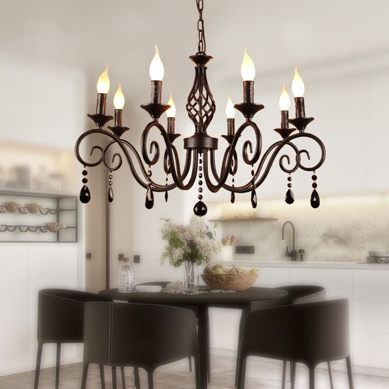Traditional Candles Hanging Ceiling Light Multi Lights Metal Suspension Light in Black