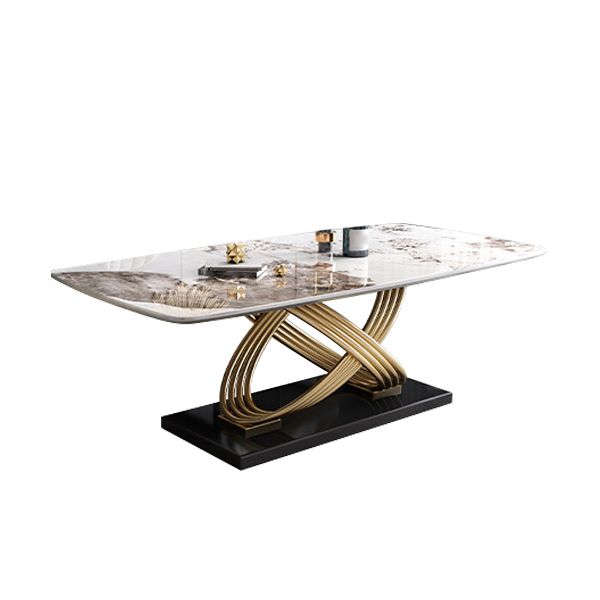 Stone Top Dining Table Modern Rectangle Dining Table with Gold Pedestal Base