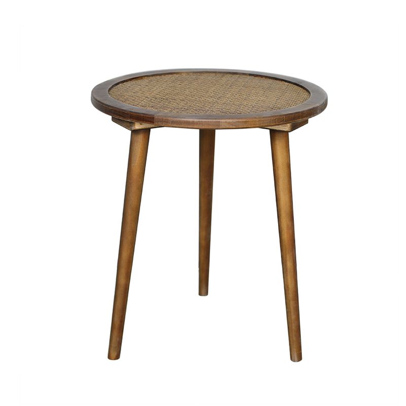 French Rustic Round Rattan Top Side Table 3 Legs Wooden End Table