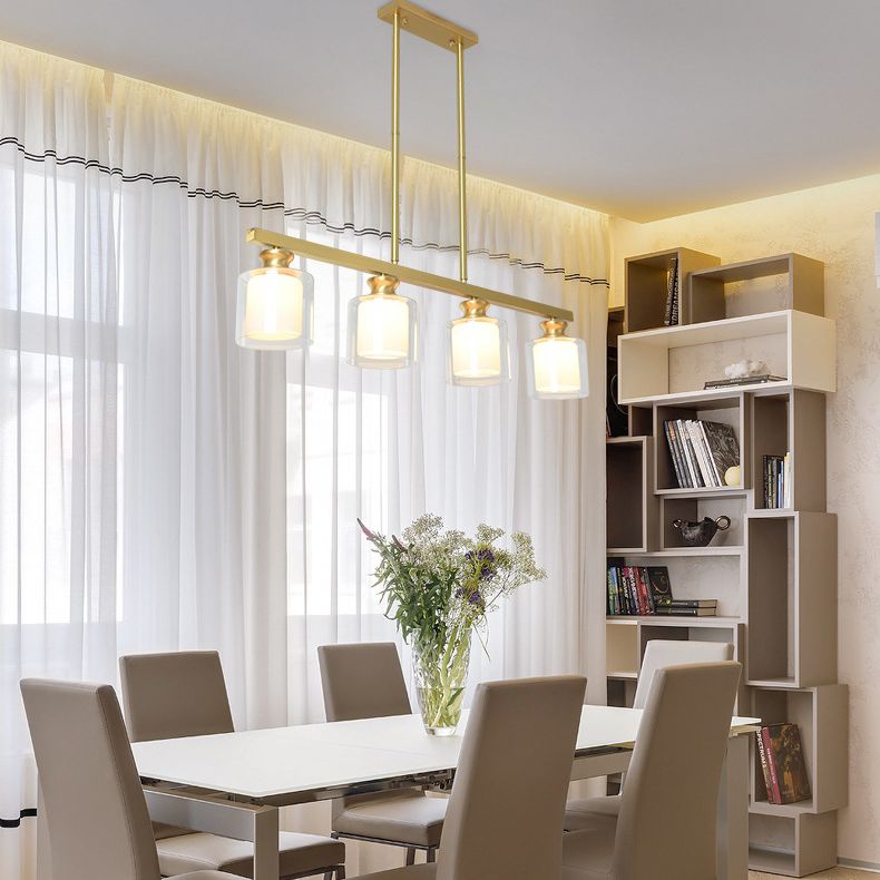 Lampada dell'isola cilindro moderna lampadario in vetro e isola metallica in oro