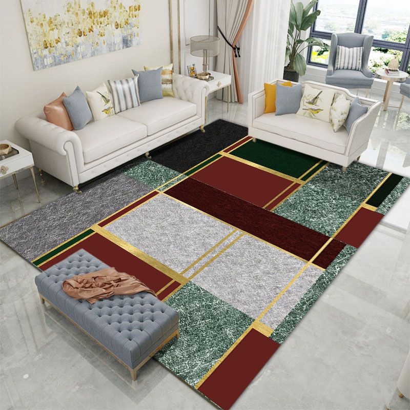 Dark Red Graphic Carpet Polyester Modern Carpet Stain Resistant Carpet for Living Room