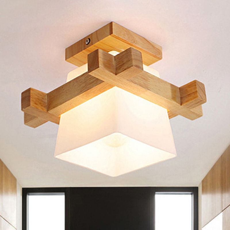 Lámpara colgante trapezoidal de vidrio opalino con decoración de madera, lámpara de techo de estilo japonés de 1 cabezal en blanco para dormitorio