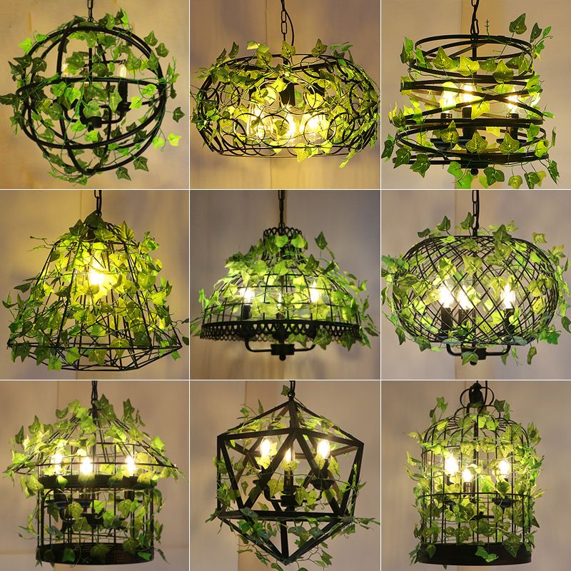 3-Light Iron Ceiling Chandelier Industrial Green Fake Plant and Cage Restaurant Pendant Lamp