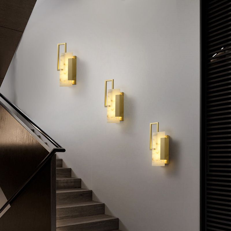 Modern Brass Wall Light Gold Geometric Wall Sconce with Mica for Bedroom