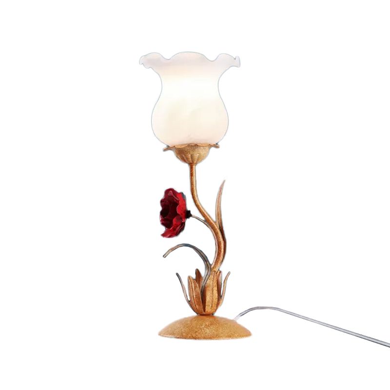 Beige/White/Green Flower Nightstand Lamp American Garden Frosted Milky Glass 1-Head Living Room Table Light