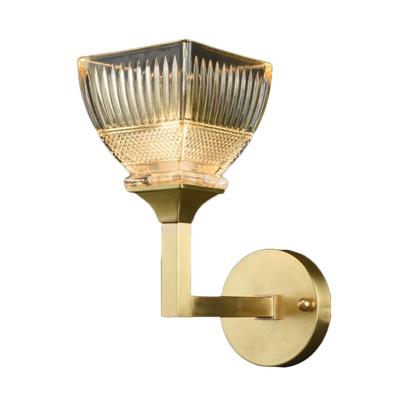 Prismatic Glass Torch Sconce Light Modernist 1/2 Heads Wall Lamp with Upright Gold Arm