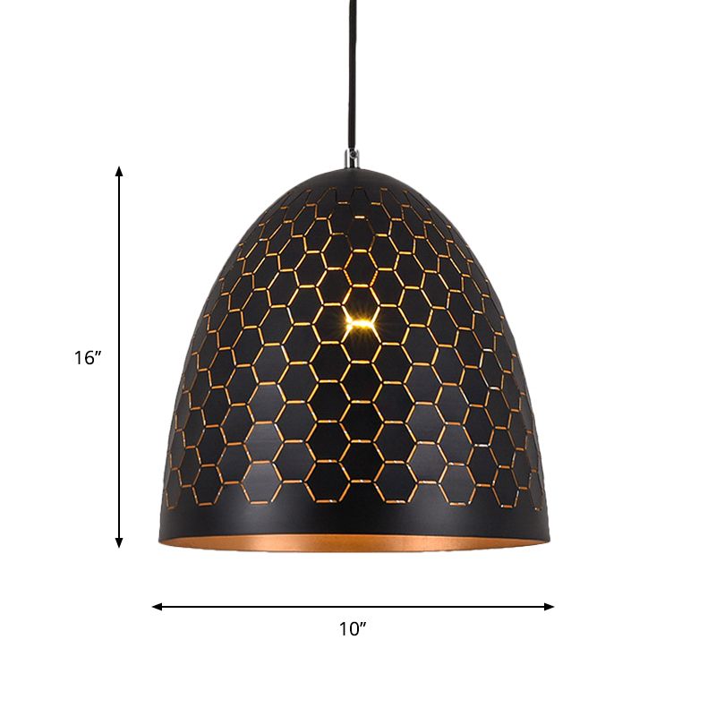 1 Bulb Domed Drop Pendant Factory Black Metal Suspension Light with Honeycomb Pattern, 10"/12"/16" Wide