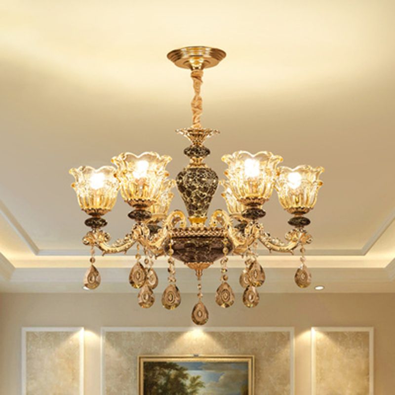 Clear Glass Flower Up Chandelier Traditional Bedroom Hanging Light Fixture in Coffee