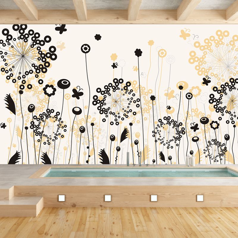 Black-Yellow Dandelion Wall Murals Moisture Resistant Modernist Bedroom Wall Covering