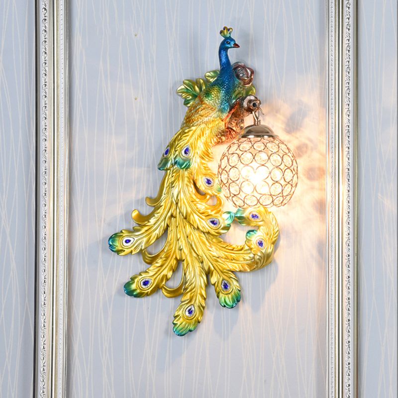 1 Light Blue/Gold Peacock Wall Lamp Country Resin 1/2-Pack Sconce Lighting with Crystal Globe Shade, Double/Right/Left