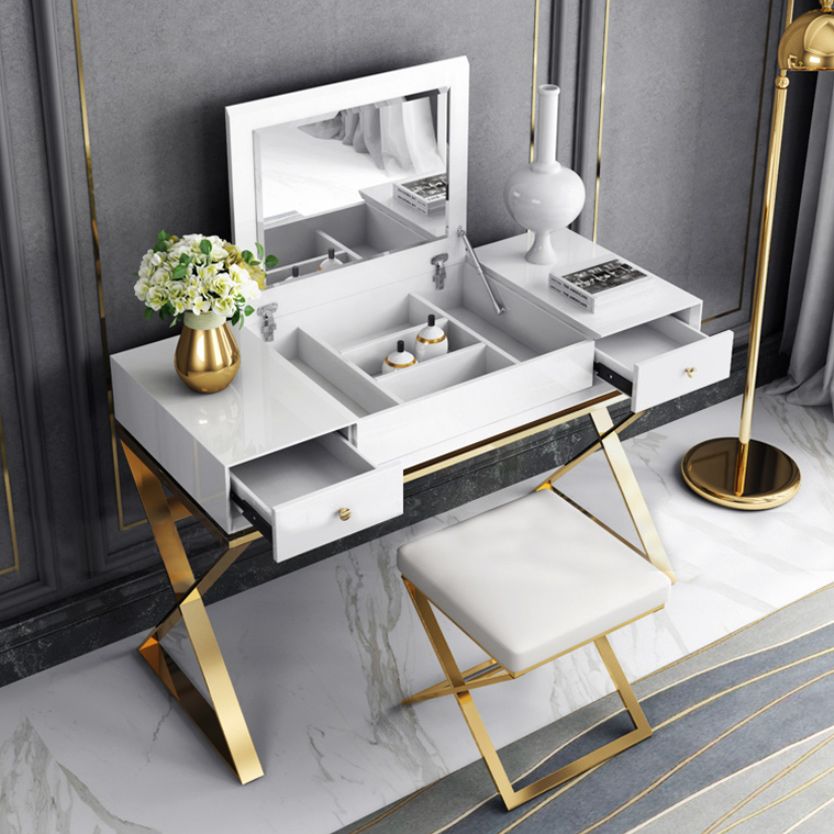 Contemporary White With Stool Mirror Bedroom Metallic Make-up Vanity
