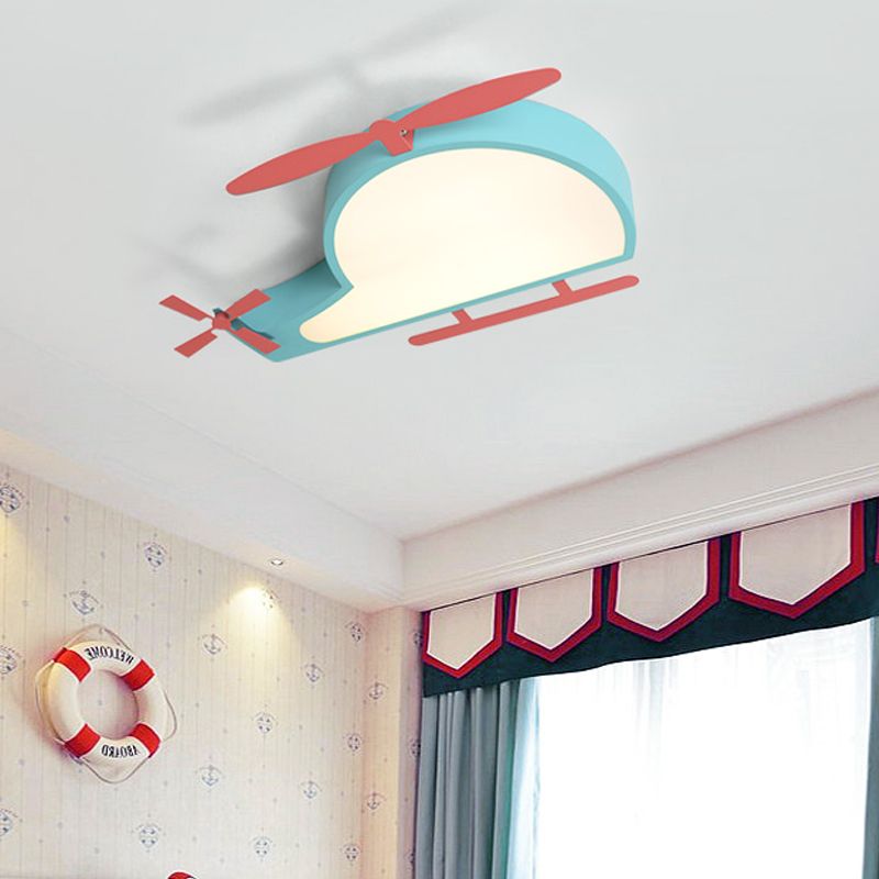 Blue Helicopter Flushmount Lighting Cartoon Style LED Metal Ceiling Mount Light with Acrylic Diffuser