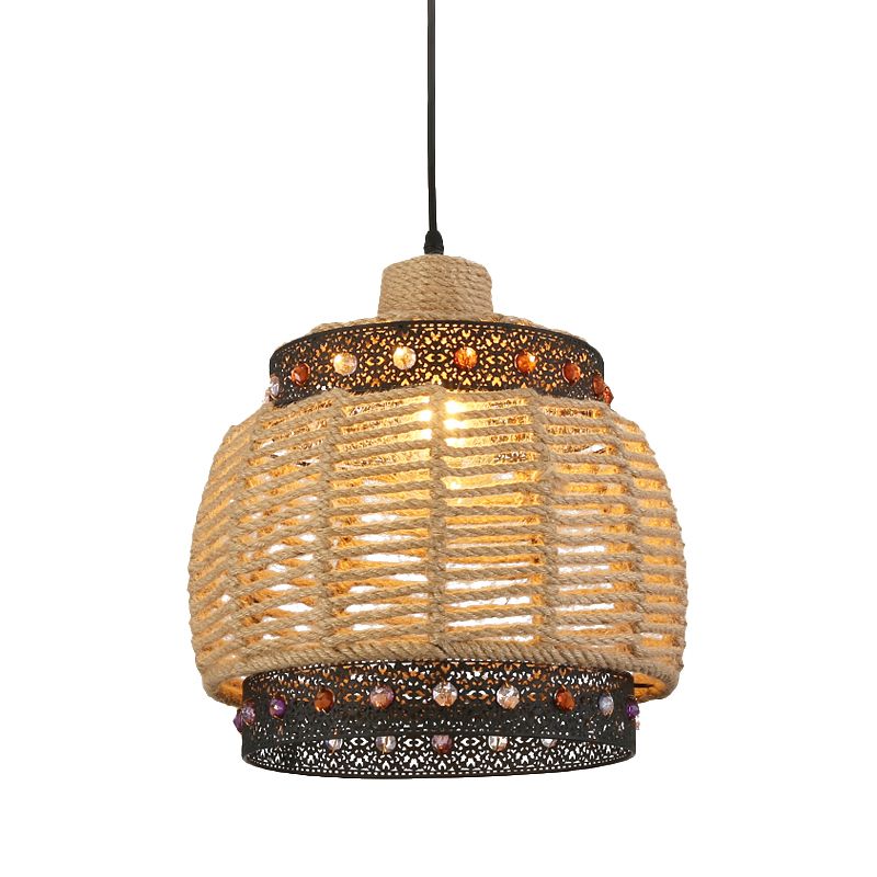 Beige Hand Woven Pendant Lighting Countryside 1 Light Rope and Metal Hanging Lamp with Jewels Accent
