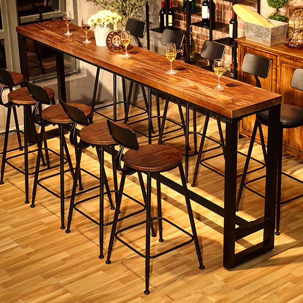 Natural Wood Top Bar Table Rectangle Industrial Footrest Indoor Bar Dining Table