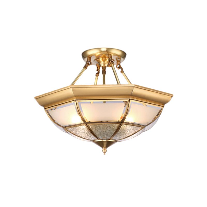 Brass 4 lumières Plafond semi-flush Colonialisme Colonialisme incurvé en verre givré Dôme Plafond Chandelier pour le salon, 14 "/ 16" W