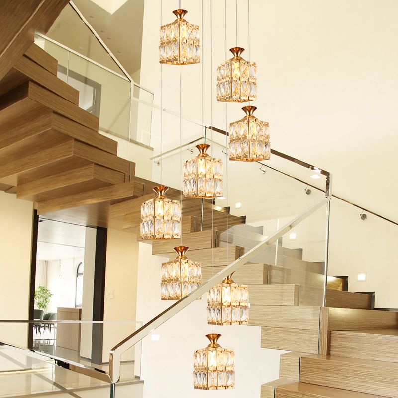 Gold Cube Suspension Lamp Contemporary Crystal 8-Bulb Stair Multi Pendant Chandelier