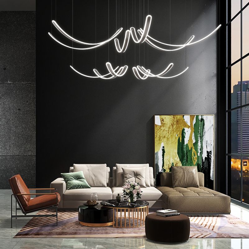 Curved LED Chandelier Minimalist Metal Living Room Villa Hanging Light in Black