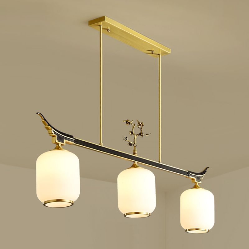 Modern Style Cylindrical Shape Island Lights White Glass 3-light Pendant Lights in Gold