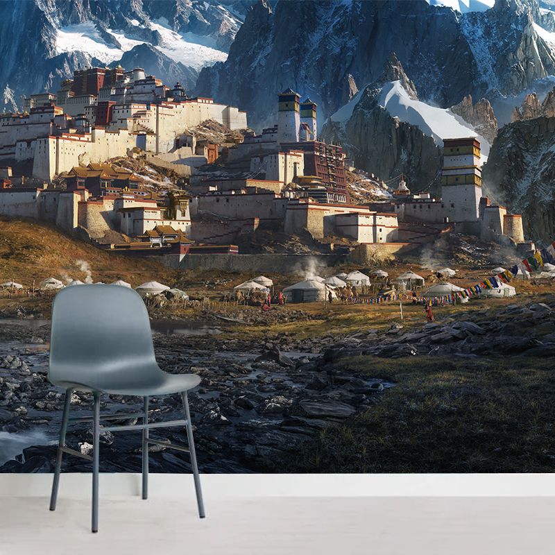 Whole Snow Landscape Wall Mural for Home Mountain with Nomadic Houses Wall Decor in Brown, Washable