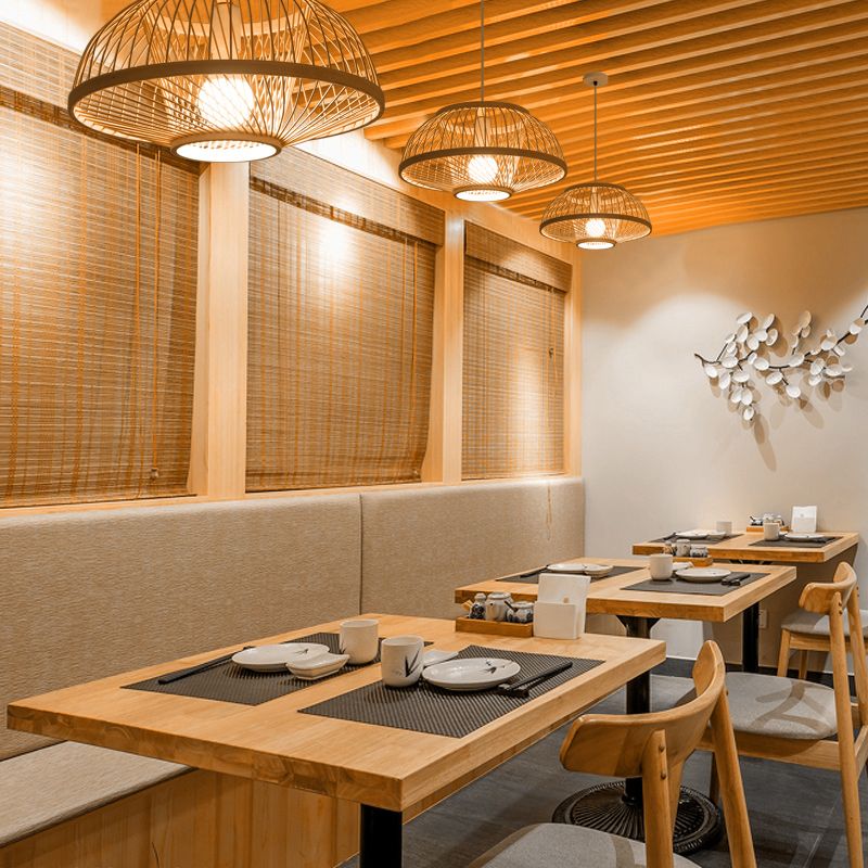 Woven Suspension Lighting Minimalist Bamboo 1 Bulb Wood Hanging Lamp for Restaurant