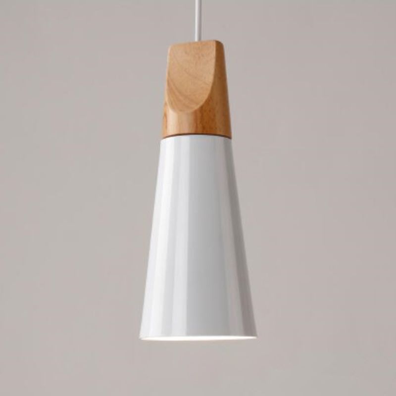 1 Light Metal Tapered Pendant Lamp Nordic Style Wooden Top Living Room Hanging Lamp