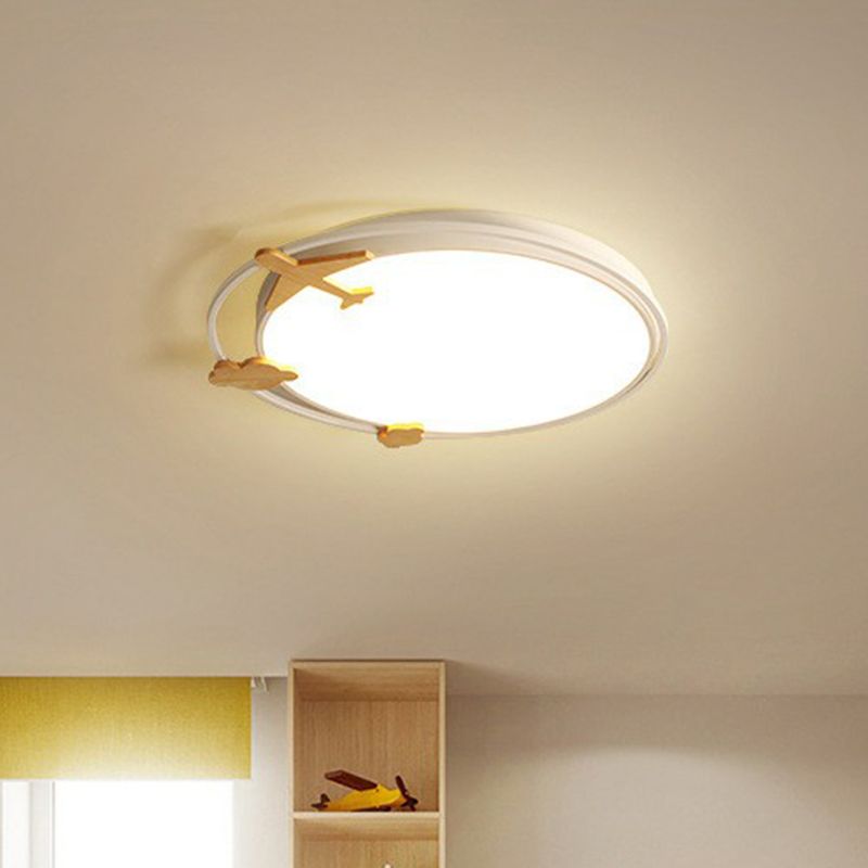 Circular Flush Mount Lighting Cartoon Metallic Kids Bedroom LED Flush Mount Fixture with Wooden Decor