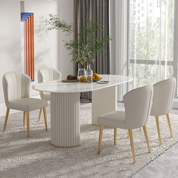 Mesa de comedor ovalada moderna mesa de comedor de piedra sinterizada blanca con base de pedestal doble para el hogar
