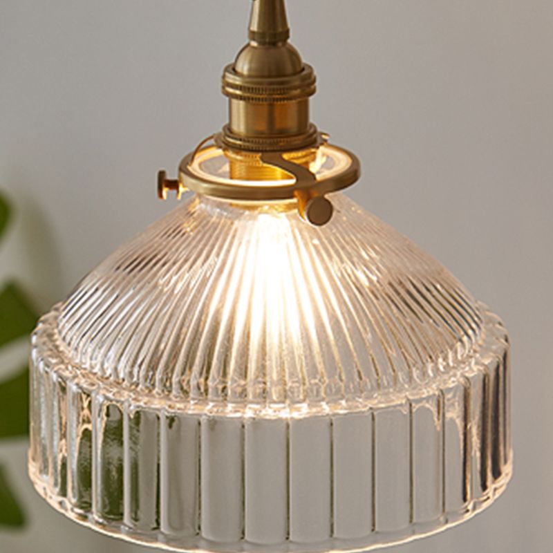 Sala da pranzo geometrica sospesa a sospensione in vetro a costola trasparente 1 luce in ottone appeso