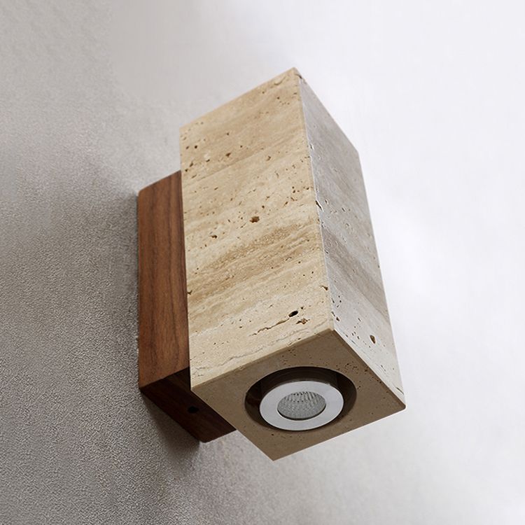 Japanese Style Stone Wall Light Cube Shape Wall Sconce with Wood for Bedroom