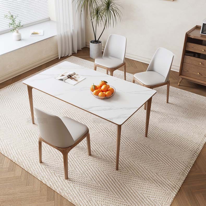 White Stone Top Table with Ash Wood Legs Mid-Century Modern Dining Table