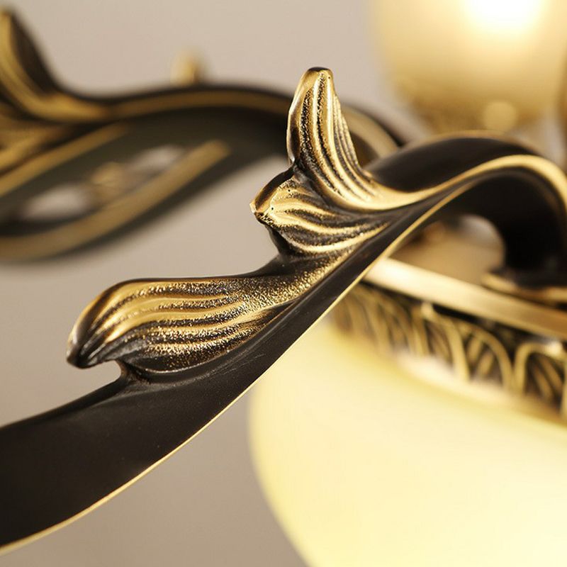 Frost Glass Gold-Black Chandelier Light Floral Retro Pendant Light Fixture for Dining Room