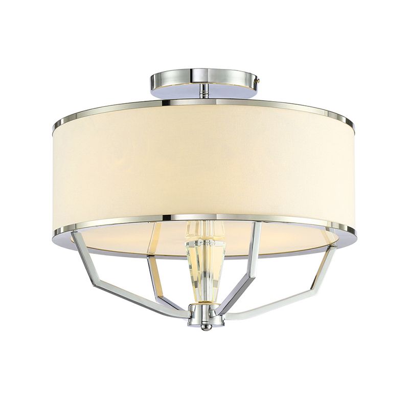 Modern Drum Semi Ceiling Flushmount Light with White Fabric Shade 5 Lights Semi Flush Lamp in Chrome
