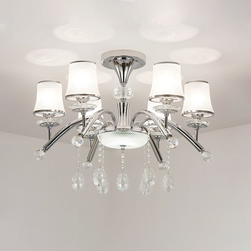 Modernismo Bell Semi Flush Mount de 6 bombas Luz de alza de vidrio esmerilado en cromo con caída de cristal