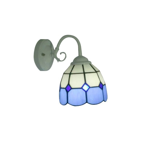 Simple Tiffany Blue Wall Sconce Grid Bowl 1 Light Stained Glass Wall Lamp in White Finish for Hotel