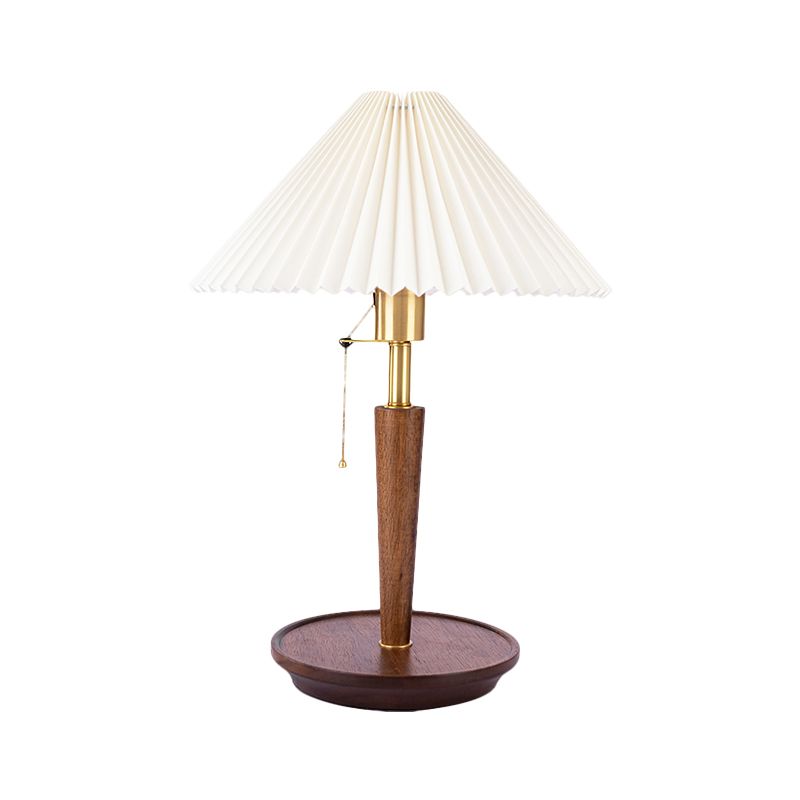 Fabric Fluted Cone Table Light Vintage Single Head Bedroom Reading Lamp with Wooden Base and Pull Chain in Dark Wood