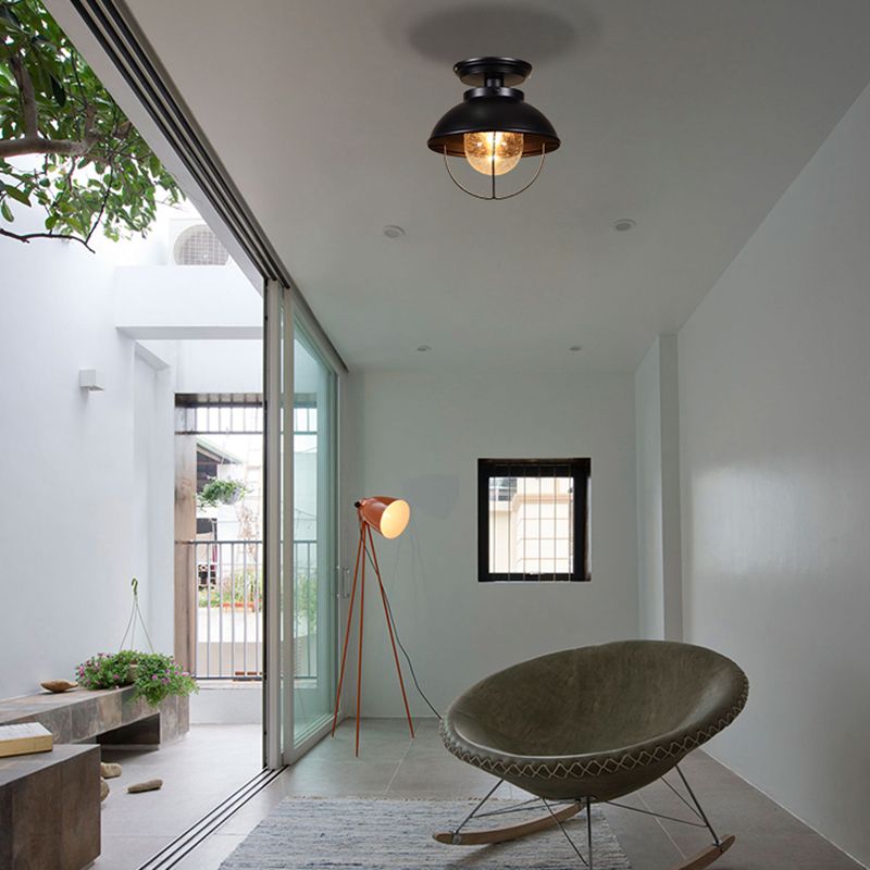 1 Light Semi Flush Mount Light Industrial Style Bowl-Shaped Metal Light Fixture