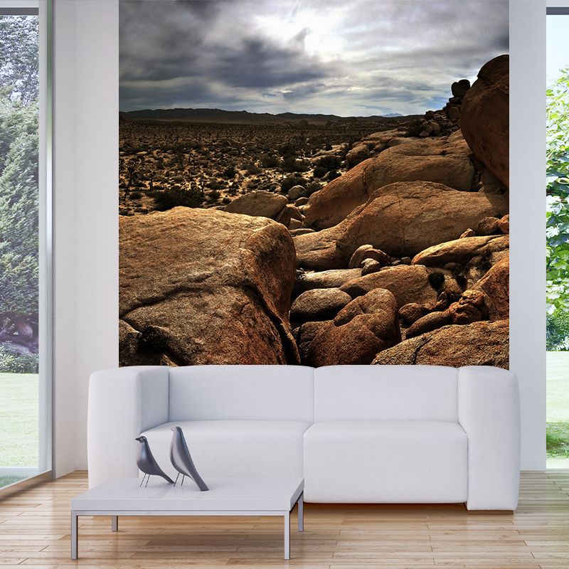 Desert Plants with Stone Mural Brown Modern Style Wall Covering for Accent Wall, Size Optional